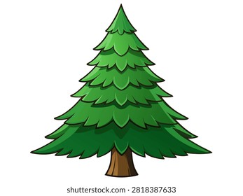 Lush green cartoon pine tree with layered branches and sturdy brown trunk on white background for nature and forest themes.