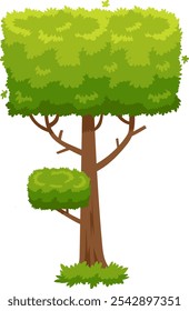 Lush green cartoon tree with a perfectly square crown, a small bush growing on its trunk, and surrounded by grass at the base, creating a whimsical and stylized nature element