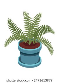 Lush green fern with broad leaves in a blue pot with a saucer. Ceramic pot with brown soil. Vector illustration isolated on white background