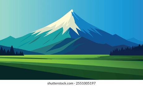 Un exuberante campo verde se extiende, enmarcado por una majestuosa montaña que se eleva en el fondo bajo una Ilustración vectorial plana de cielo azul claro