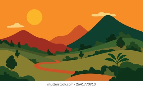 Lush green fields, winding roads, vibrant villages, peaceful countryside.
