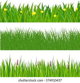 Exuberante hierba fresca de primavera con flores de prado. Conjunto de pincel de patrón vectorial y fondo sin problemas.