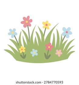 Lush green grass lawn patch with blooming wild colorful flowers flat vector game asset