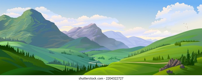 Lush green hills and mountains over a green landscape with a beautiful river.