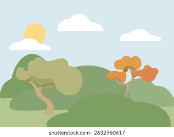 Lush green landscape background illustration. Biodiversity backdrop vector.