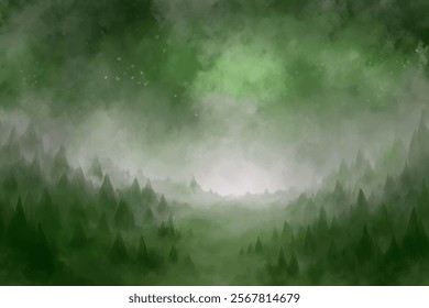 Lush green landscape, misty mountains, atmospheric depth, serene nature scene, digital art style.