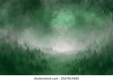 Lush green landscape, misty mountains, atmospheric background, serene nature scene, digital painting style.