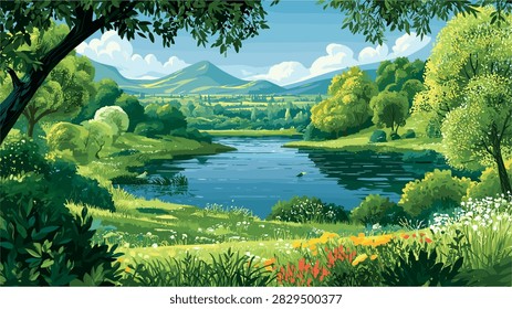 Lush Green Landscape with River and Distant Mountains
