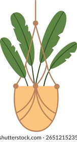 Lush green leaves cascading from a macrame plant hanger, adding a vibrant and stylish touch to modern home decor while enhancing the atmosphere of an inviting indoor space