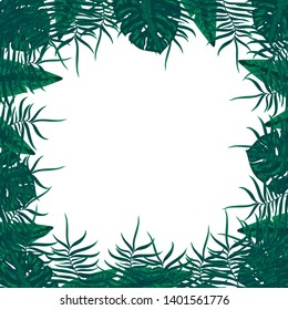 Lush green leaves are placed around the white background. Vector