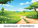 Lush green meadow with a dirt path, blooming flowers and vibrant trees under a blue sky. Vector cartoon landscape illustration