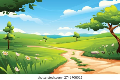 Lush green meadow with a dirt path, blooming flowers and vibrant trees under a blue sky. Vector cartoon landscape illustration