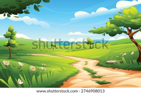 Lush green meadow with a dirt path, blooming flowers and vibrant trees under a blue sky. Vector cartoon landscape illustration