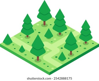 Lush green meadow with growing pine trees forming a serene forest landscape in isometric projection, ideal for environmental or nature related projects