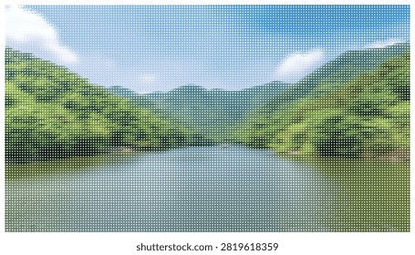 Lush green mountain range surrounding peaceful river valley. Scenic vector illustration depicting wilderness landscape with clear water and sunny summer sky.
