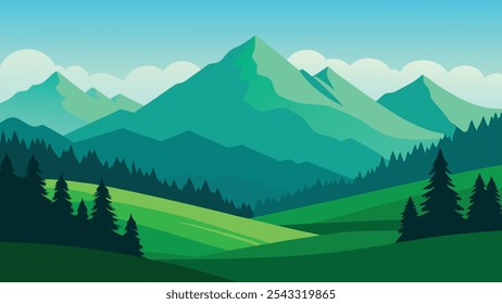 
Lush green mountains adorned with vibrant grass and trees, showcasing the beauty of nature's landscape flat vector illustration