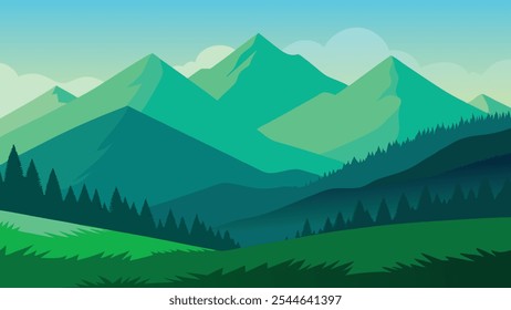 Lush green mountainsides adorned with vibrant grass, creating a serene and picturesque natural landscape flat vector illustration