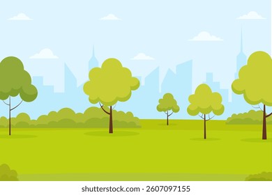 Lush green park with trees and skyscrapers in the background during a sunny day