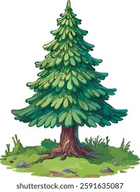 Lush green pine tree vector illustration with detailed branches and vibrant foliage. Perfect for forest landscapes, Christmas designs, nature backgrounds, and holiday decorations