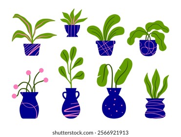 Lush Green Plant Collection in Blue Planters. A collection of 8 unique green plants, each housed in decorative blue planters with stylish pink details, perfect for chic botanical decor