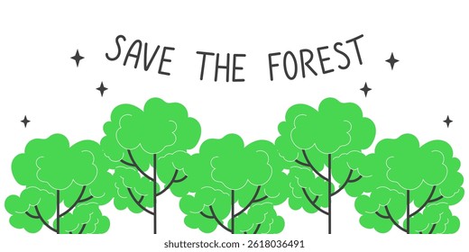 Lush Green Tree Canopies with "Save the Forest" Text. Earth Day Concept, Forest Protection, and Nature Conservation. Flat Vector Illustration.