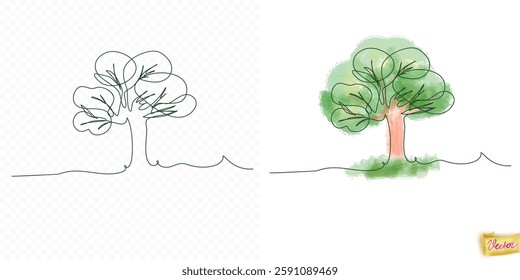 Lush green tree made in watercolour style isolated flat color vector illustration. Lonely tall tree with large crown on white background