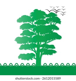 Lush Green Tree Silhouette with Birds, Nature Illustration