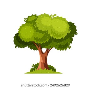Lush Green Tree With A Sturdy Trunk, Isolated On White Background. Bright And Detailed Illustration Of An Oak Tree