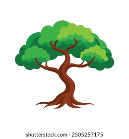 Lush green tree with vibrant leaves and twisting branches, minimal flat vector illustration