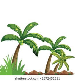 Lush green trees detailed brown trunk full canopy of leaves cartoon vector style