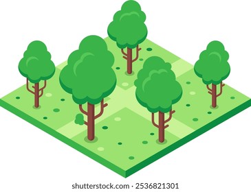 Lush green trees growing in a vibrant isometric park or garden, creating a peaceful and natural scene