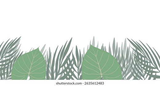 Lush green tropical leaves forming a frame on white background with space for text. Ideal for flyers, invitations, posters, banners, and digital media