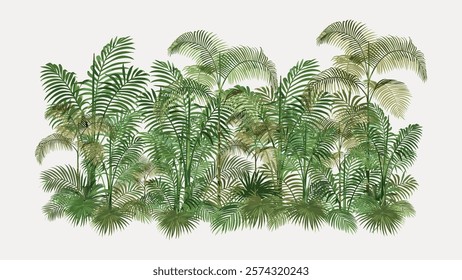 Lush green tropical plants with tall, leafy fronds. Dense foliage creates a vibrant, natural backdrop. Tropical plants thrive in warm, humid environments. Vintage art drawing illustration vector.