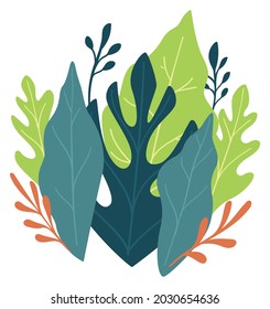 Lush greenery of foliage and leaves, isolated flora and exotic tropical plants and botany. Blooming and blossoming delicate bouquet, elegant decoration or present for holiday. Vector in flat style