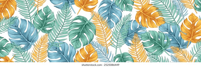 Lush greenery of tropical plants from jungle. Endless texture can be used for printed materials, digital paper, t-shirt, textile.
