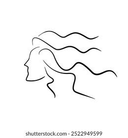 Logo de peinado exuberante para salón de belleza. Cara femenina en silueta de perfil con líneas delgadas