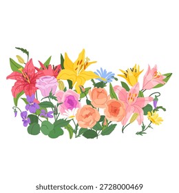 Exuberante arreglo botánico Horizontal que presenta un Vector plano de lirio rosa vibrante, rosa y flores violetas para la marca romántica de reliquias