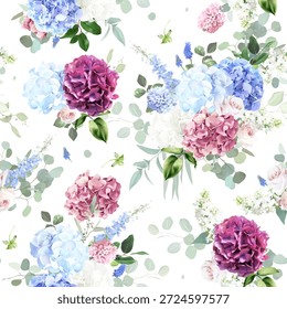 Exuberante patrón de diseño de Vector floral pastel de hortensia. Delfinio azul, peonía blanca, rosa rosa, jacinto, hortensias de colores, lila, vegetación y plantas. Todas las flores y ramas son aisladas y móviles