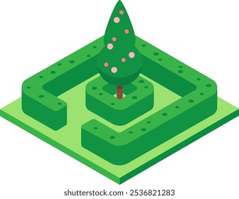 Lush isometric view of a square hedge maze surrounding a single green tree with pink flowers, creating a tranquil garden scene