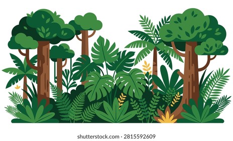 Lush jungle forest landscape featuring tall trees with thick canopy and tropical vegetation. Dense rainforest scenery with palms ferns and exotic leaves.