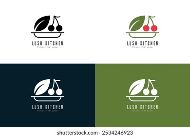 'Lush Kitchen' Minimalist Vegan Italian Restaurant Logo – Featuring Green Leaf and Red Cherry on White Plate, Designed with Clean, Classic Aesthetics for Modern Culinary Branding