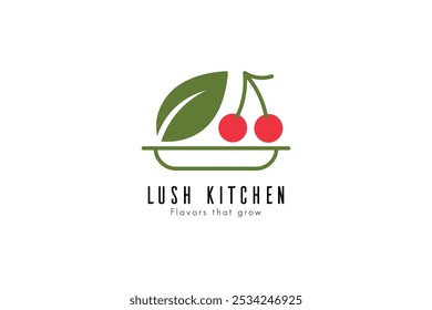 'Lush Kitchen' Minimalist Vegan Italian Restaurant Logo – Featuring Green Leaf and Red Cherry on White Plate, Designed with Clean, Classic Aesthetics for Modern Culinary Branding