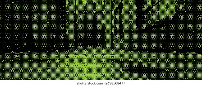 A lush landscape unfolds with striking geometric patterns in vibrant green hues. Sunlight filters through the trees, creating captivating shadows and reflections. Nature blends with digital artistry.