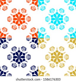 Lush lava, Aqua Menthe, Phantom Blue and Gold colored Rangoli design with flower petals, leaves and spirals is in Seamless pattern