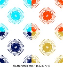 Lush Lava, Aqua Menthe, Phantom Blue and Gold colored Rangoli design concept of Flower petals, circles and sharp edges with white background is in Seamless pattern
