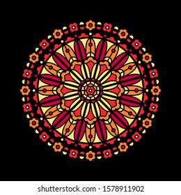 Lush lava trendy colors stained glass round illustration, mandala, circle shape, rose window vector ornament, tracery. Floral motive print design element. Mosaic decoration, text frame background.