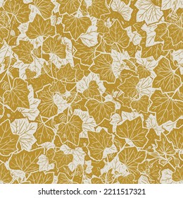 Lush leaves seamless vector pattern in mustard yellow and off-white colors and a seasonal fall thanksgiving feel. The Monochrome hand-drawn illustration of a pumpkin leaf is elegant and romantic.