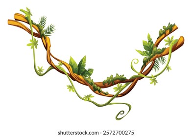 Lush liana branches with vines and tropical leaves and climbing tendrils. Perfect for jungle themed designs. Vector cartoon illustration