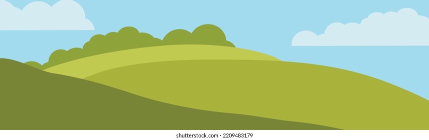 césped verde claro y exuberante, campo, colinas, matorrales verdes y caducifolios. Campo, primavera o verano del año. Cielo azul claro. Diseño de caricaturas para carteles, sitios. Imagen plana vectorial del paisaje de belleza