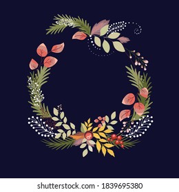 lush New Year's wreath of fir branches and openwork leaves on a dark blue background to create a holiday card